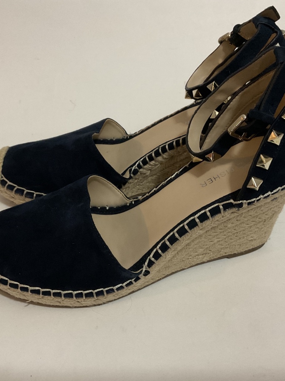 Marc Fisher Navy Leather Upper Sakti Studded Espadrille Wedge Sandals, 8.5